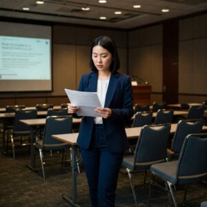 Profissional em auditório vazio, revisando anotações antes de uma apresentação, com expressão concentrada.