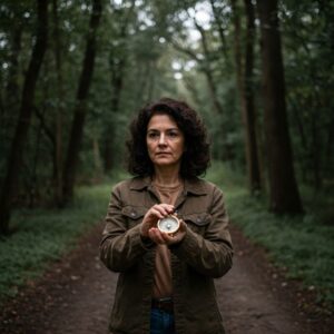 Mulher numa floresta segurando uma bússola. Assumindo o controle das suas decisões.