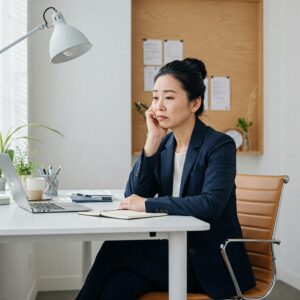  "Profissional pensativo em ambiente moderno, refletindo sobre o burnout e a necessidade de revitalizar a energia." 
