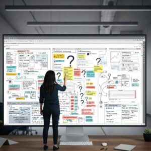  "Quadro branco com anotações e ícones de interrogação, simbolizando a sessão de FAQ para esclarecer dúvidas sobre burnout." 