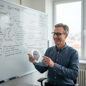 "Quadro branco com anotações e ícones de interrogação, acompanhado por uma pessoa sorrindo, representando a sessão de FAQ sobre autoimagem." Desafios da autoimagem.