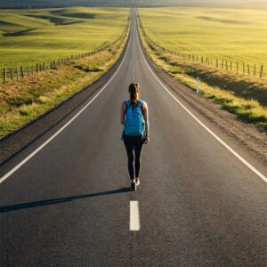Pessoa caminhando por uma estrada longa, representando a jornada da vida e a decisão de assumir o controle do próprio destino.
