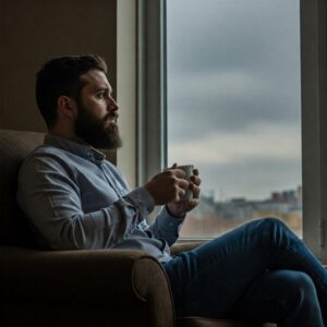 Homem pensativo sentado em uma poltrona, olhando pela janela em um dia nublado, segurando uma xícara de café. 