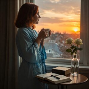 Mulher contemplando o amanhecer, refletindo sobre o poder do recomeço com fé e esperança. 