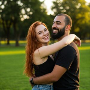 Dois amigos se abraçando e sorrindo em um parque, simbolizando relações significativas. 