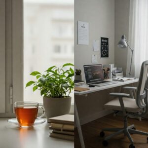 "Ambiente dividido entre calma e organização, ilustrando os benefícios dos pequenos hábitos para a mente e o trabalho."