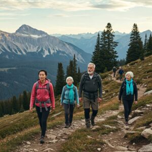 Grupo de pessoas caminhando em uma trilha montanhosa, representando a felicidade como uma jornada. 
