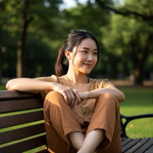 "Pessoa sorridente e relaxada em ambiente ao ar livre, representando a superação do burnout e a revitalização da energia."