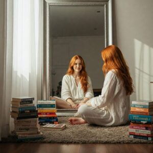 Mulher ruiva sentada no chão em frente ao espelho, cercada por pilhas de livros, refletindo sobre si mesma. A imagem representa o início da jornada de autovalorização com fé e introspecção.