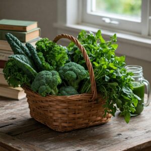 Vegetais verdes frescos em cesta, ideais para desintoxicar e renovar a pele.