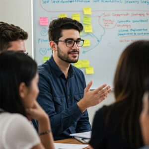Descrição: Imagem real de alguém participando de um workshop ou reunião, demonstrando interação e colaboração, com um quadro branco ao fundo. Essa foto destaca a prática de estratégias de autodesenvolvimento e feedback construtivo.
