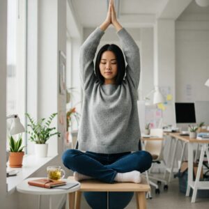  "Pessoa fazendo alongamento em ambiente de trabalho com caderno e chá, simbolizando estratégias de autocuidado e pausas para revitalizar a energia." 