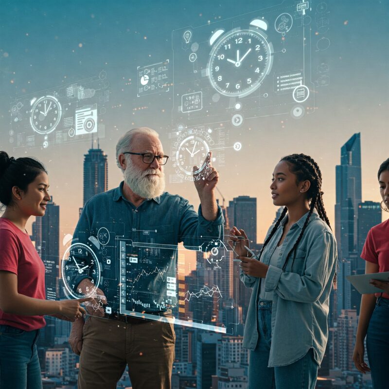 Professor, ensinando suas alunas sobre a Gestão do Tempo