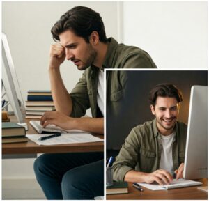  "Antes e depois de um homem aprendendo algo novo: primeiro frustrado, depois sorrindo ao superar os desafios." Reresentando: Como Superar Desafios ao Desenvolver Novas Habilidades na Vida Cristã