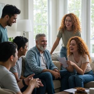 Grupo de amigos sorrindo e conversando em uma sala de estar, representando união e apoio mútuo após superarem adversidades. 