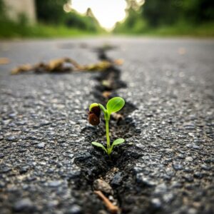 Semente de flor brotando em uma fenda do asfalto, representando resiliência em meio a dificuldades. 