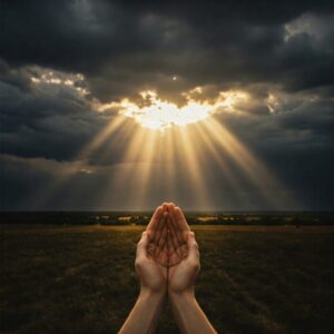 Mãos em posição de oração sob um céu nublado, com raios de sol atravessando as nuvens. 