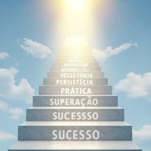 "Escada simbólica com palavras representando o progresso no aprendizado: aprendizado, persistência, prática, superação e sucesso." 