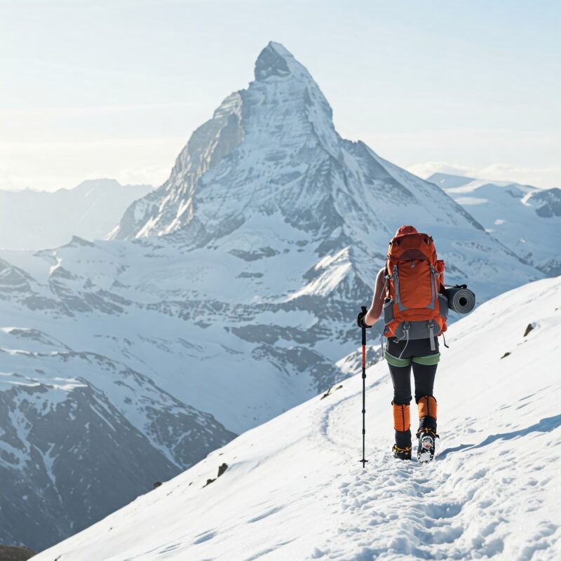 Pessoa caminhando na neve, rumo ao topo da montanha, enfrentando os desafios da jornada.