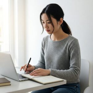  "Pessoa organizando tarefas em caderno e laptop, representando estratégias práticas para superar desafios." 
