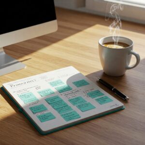 "Mesa de trabalho com caderno, caneta e café, simbolizando a organização e o estabelecimento de limites pessoais." 