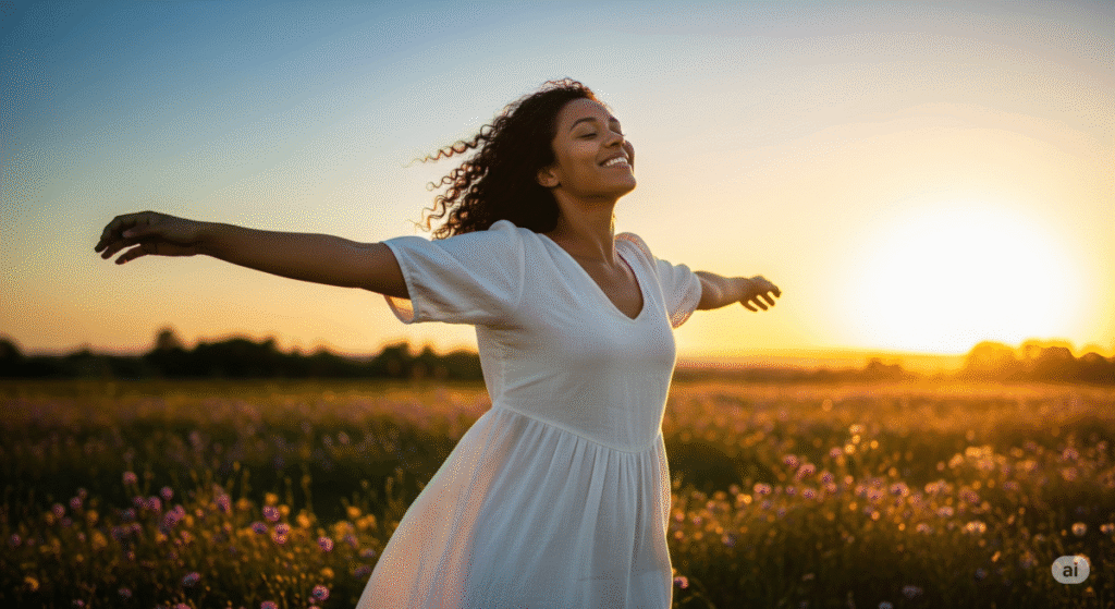 Mulher sorrindo com os braços abertos em campo florido ao pôr do sol, representando mentalidade positiva e gratidão.