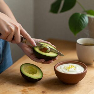 Abacate cortado ao meio com creme natural, ideal para hidratar e nutrir a pele. 