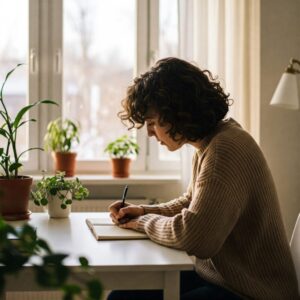  "Pessoa escrevendo em caderno em ambiente tranquilo, simbolizando a importância da assertividade." 