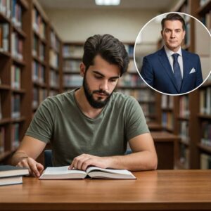  "Jovem estudando em uma biblioteca ao lado de um profissional de sucesso, representando a jornada de aprendizado e conquista." Representando: Exemplos Reais de Superação e Desenvolvimento de Habilidades.