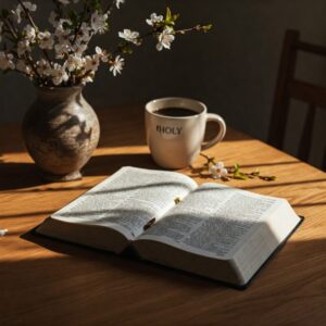  "Bíblia aberta em mesa com flores e café, simbolizando inspiração bíblica para valorizar a autoestima." 