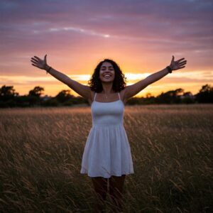  "Pessoa de braços abertos em cenário natural ao pôr do sol, simbolizando a conquista e fortalecimento da autoestima." 
