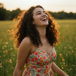 Mulher rindo em um campo florido, representando a liberdade e o poder da autenticidade. 