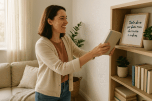 Mulher alegre, organizando seus livros no seu lar.