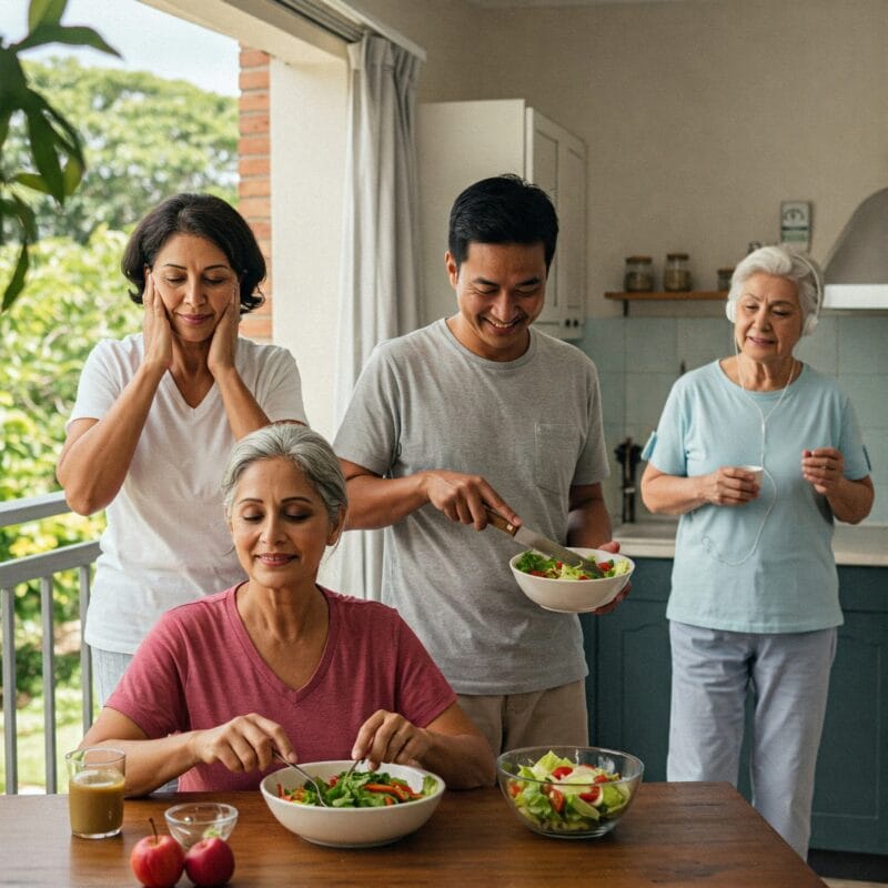Três pessoas adultas caminhando e sorrindo em um parque, demonstrando hábitos saudáveis como beber água, caminhar e registrar anotações de saúde.