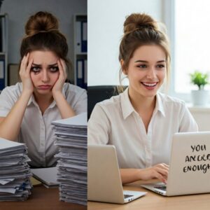 Antes e depois de mudança de mentalidade, do estresse à autoconfiança