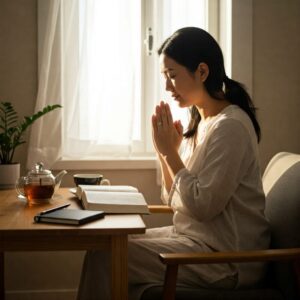 Pessoa adulta orando com uma Bíblia aberta no colo, em momento de fé e introspecção. Fé e Prevenção de Doenças Ligadas à Idade