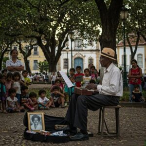Homem idoso tocando sanfona em uma praça, com pessoas observando ao redor e uma foto antiga sobre o banco ao lado. Histórias Inspiradoras de Superação e Fé 
