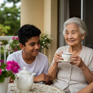 Idosa sorridente sentada em uma varanda florida segurando uma xícara, com um bisneto ao fundo ouvindo com atenção. Histórias Inspiradoras de Centenários: Lições de Quem Viveu Muito.