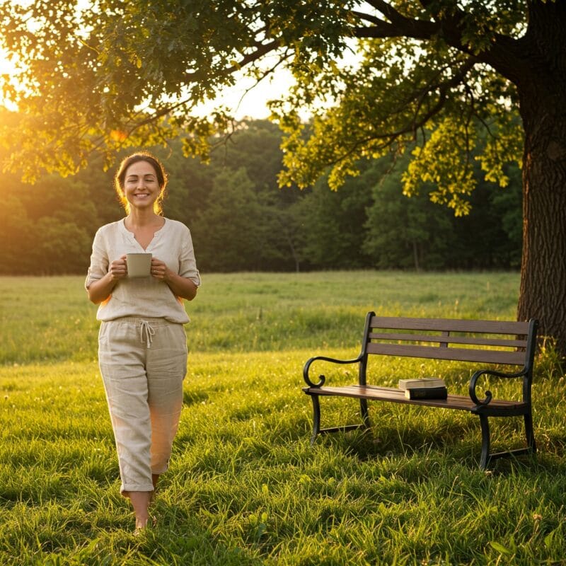 Mulher madura caminhando com alegria pela natureza como símbolo de rotina antienvelhecimento natural.