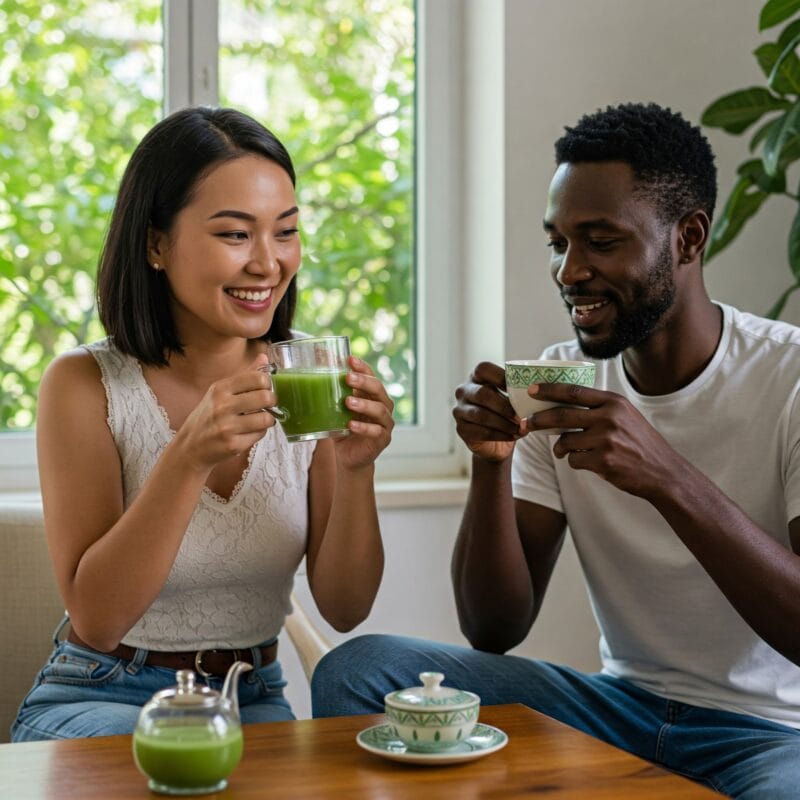 "Mulher de meia-idade segurando suco verde detox e homem negro tomando chá, ambos irradiando saúde e vitalidade em ambiente iluminado e natural."