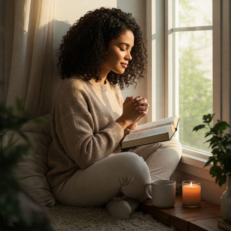 Mulher orando com a Bíblia aberta em ambiente iluminado, representando rotina espiritual e paz interior.