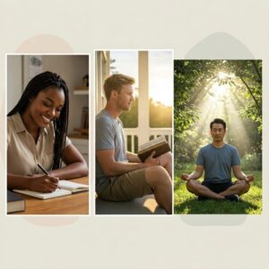 "Colagem de três cenas: diário de gratidão, leitura bíblica e meditação no jardim."