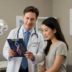 Médico segurando prancheta digital com imagem de DNA, atendendo paciente jovem em ambiente moderno, ilustrando medicina personalizada e prevenção.