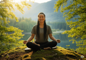 Uma pessoa praticando meditação ao ar livre, conectando-se consigo mesma e com Deus.