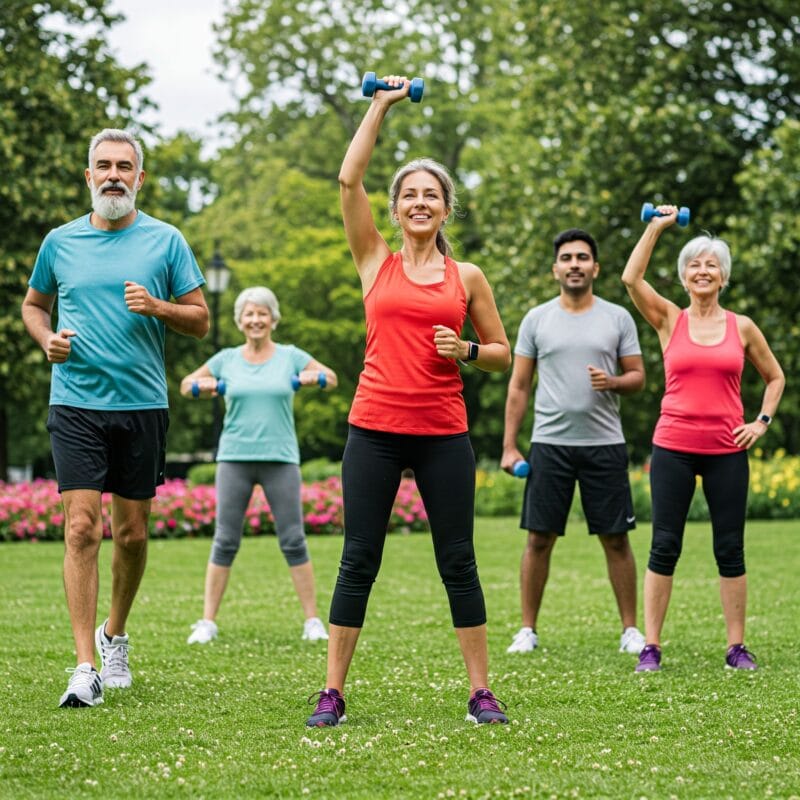Pessoas maduras se exercitando ao ar livre, mostrando os melhores exercícios para longevidade.
