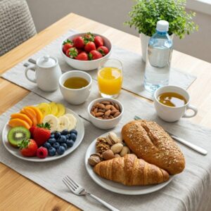 Mesa com alimentos saudáveis e coloridos que ajudam no processo antienvelhecimento natural. 