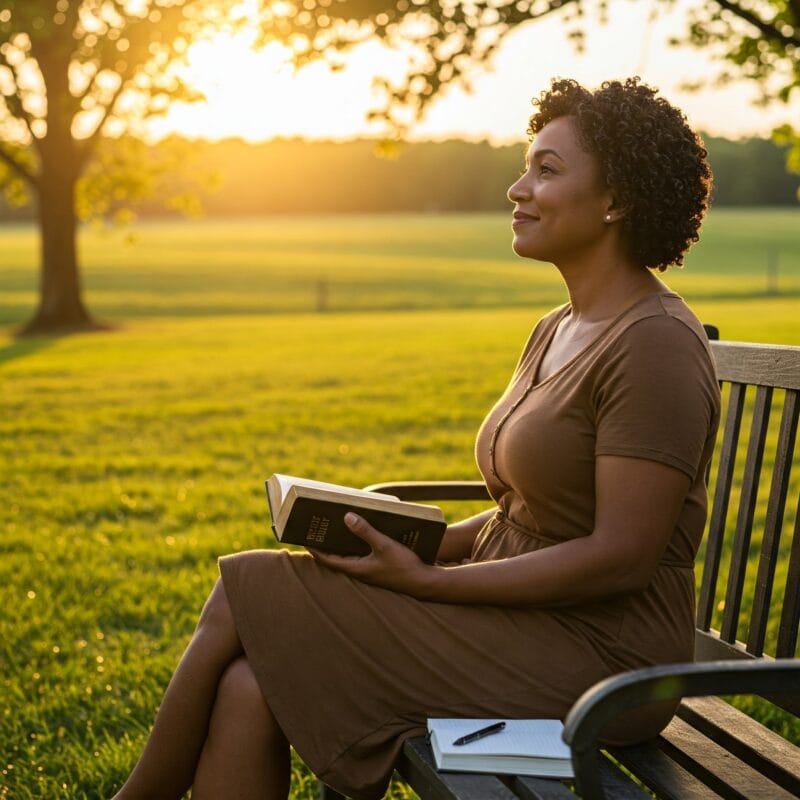 Mulher lendo a Bíblia ao amanhecer, com expressão de gratidão e serenidade, representando fé cristã e psicologia positiva.