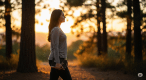 Mulher caminhando com passos firmes ao entardecer segurando uma Bíblia. A imagem simboliza a jornada da autovalorização como ato de coragem e reconciliação espiritual.