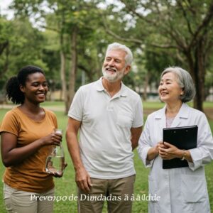 Três pessoas adultas caminhando e sorrindo em um parque, demonstrando hábitos saudáveis como beber água, caminhar e registrar anotações de saúde.