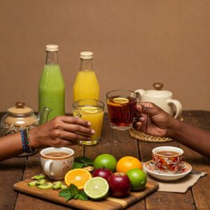 "Variedade de sucos verdes, chás e frutas frescas em mesa de madeira, com duas pessoas brindando, representando a diversidade e os benefícios do rejuvenescimento natural." 